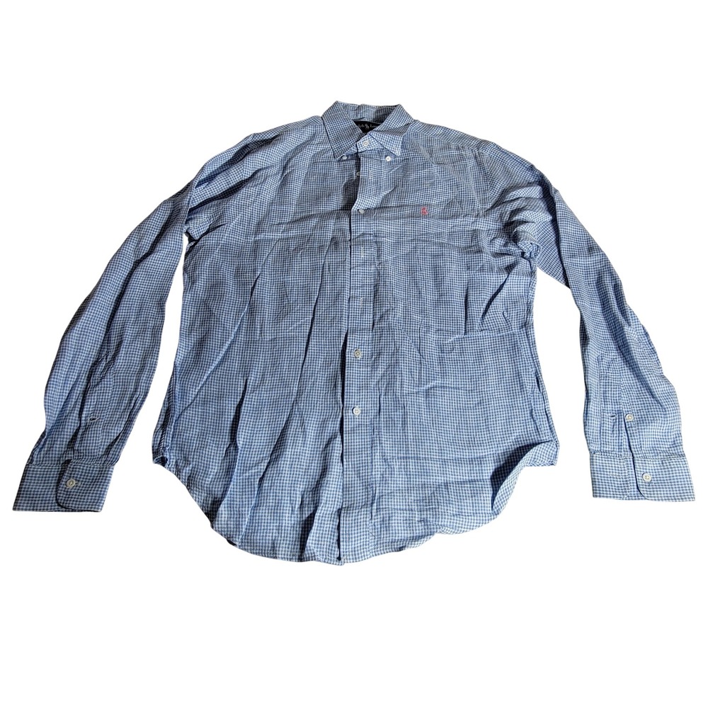 Ralph Lauren Mens Classic Fit 100% Linen Gingham Button Down Shirt Blue White M